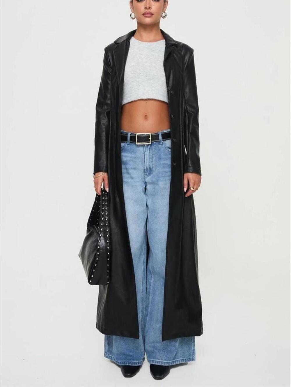 Princess Polly Speak Easy Long Line Faux Leather Coat Black